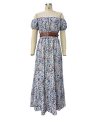 Lunivop  Women Elegant Off Shoulder Slash Neck Long Dress Summer Floral Print A-Line Short Sleeve Bohemian Sundress with Belt