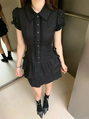 Lunivop  Y2k Vintage Black Lace Shirt Dress for Women Slim Waist All-match Dresses Summer New Short Sleeve Vestidos De Mujer