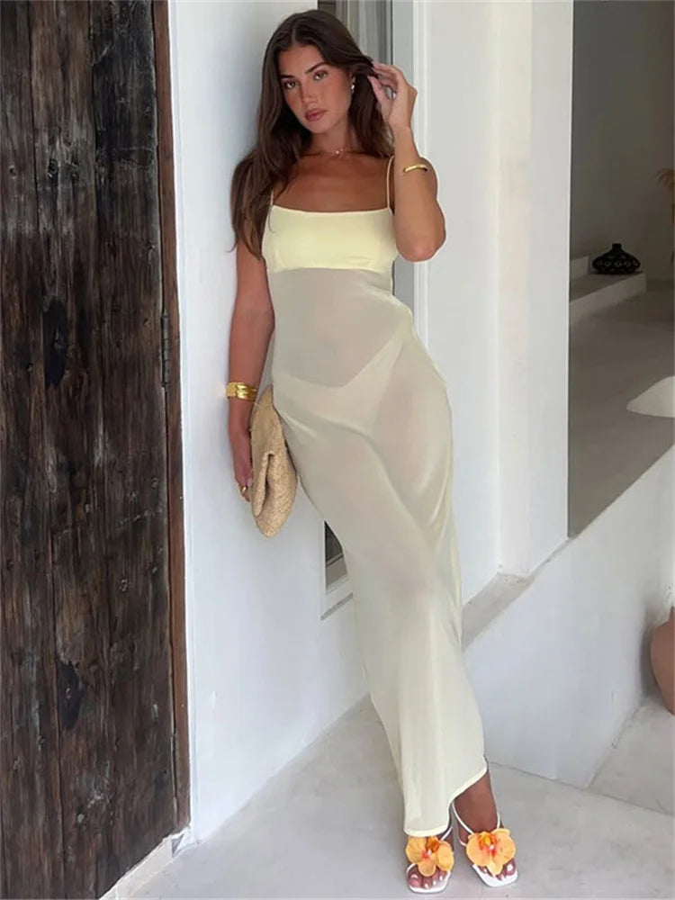 Lunivop Summer Mesh Slim Halter Dresses For Women See-Through Backless Square Collar Elegant Patchwork Dress Female Long Dress New