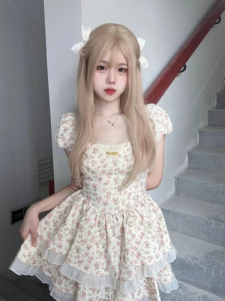 Lunivop  Summer Fairy Puff Sleeve Strapless Floral Print Dresses Women Elegant Sweet Chiffon Dress High Waist Slim Tierred Princess New