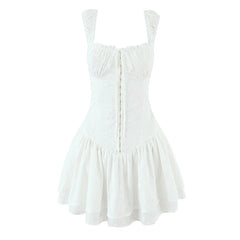 New 2025 Women Floral Embroidery White Tank Mini Dress Sexy Sleeveless Low Waist A-line Slim Summer Dresses Casual Robe