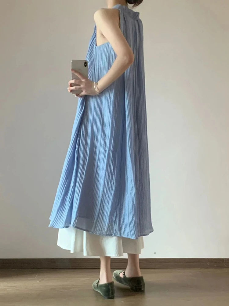 Lunivop  Women Beach Sweet Long Skirt Casual Loose O Neck Elegant Patchwork Dress Vintage Korean Summer Design Lady Retro Blue Dress