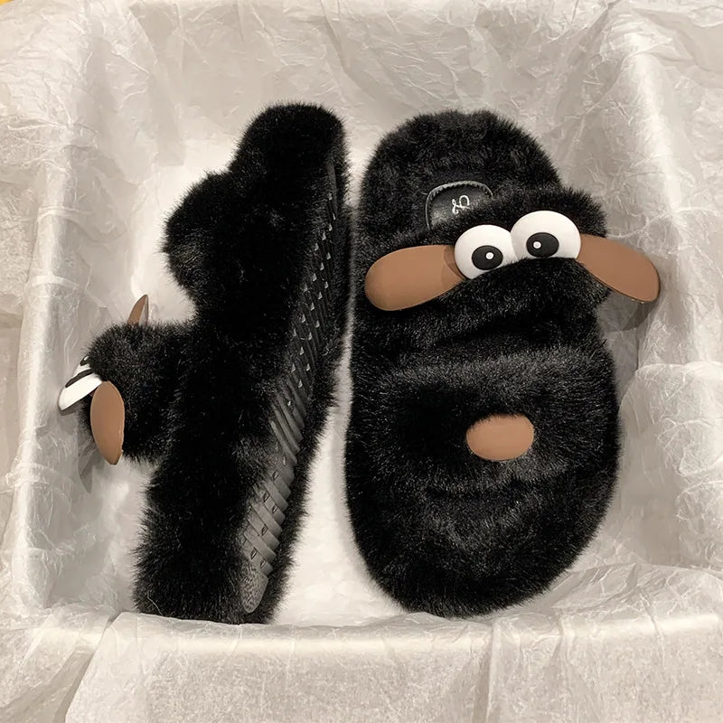 Lunivop Women Fur Warm Winter Furry Fur Shoes Fluffy Plush Slippers Fashion Cute Dog Home Shoes Bedroom Slippers Ladies Non-slip Slides