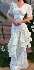 Lunivop  Women Chic V-neck Ruffle Puff Sleeves Flowy Dress Cream Floral Ruched Waist-cinching Dresses Ladies New Daily Party Gowns