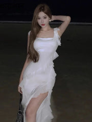 Lunivop  Women Dresses Ruffles Patchwork Irregular Split Square Collar Backless Holiday Temperament Party Dress Female Chic