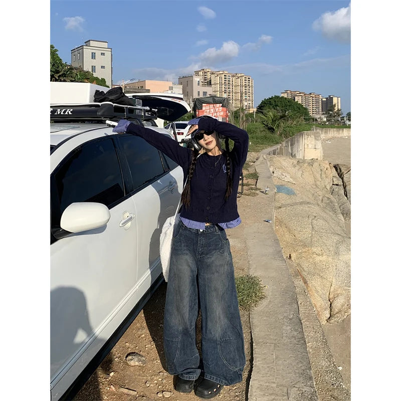 Lunivop Blue Womens Jeans High Waist Vintage Design Hip Hop Straight Baggy Denim Pants Street Y2K American Style Wide Leg Denim Trouser