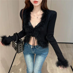 Lunivop  Fashion Street V-neck Lace Up Cardigan Coat Women New Slim Fit Tops Mujer Y2k Grunge Long Sleeve Black All-match Sweaters