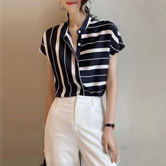 Lunivop  Summer Women Short Sleeve Striped Tops Fashion Irregular Blouses Lady Temperament Shirts Stand Collar Loose Blusas
