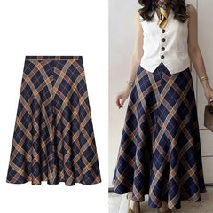 Lunivop  Check Printed High Waist Skirt Women's Spring Autumn Long Skirt Casual Hem Ruffles Midi Skirts For Women New ﻿