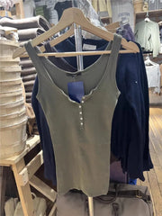 Lunivop  Six Buttons Army Green Slim Tank Top Woman Summer  Y2KStreetwear U Collar Sleeveless Cotton Vest American Vintage Basic Tops New