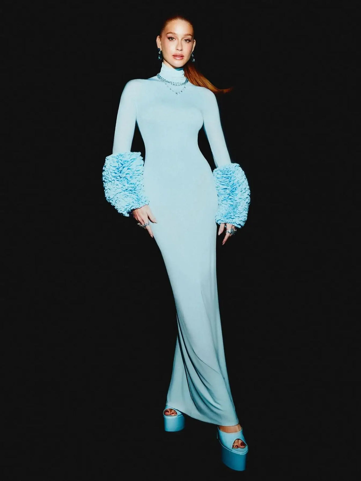 Lunivop Sky Blue Autumn Winter Women Turtleneck Maxi Dress Long Sleeve elastic Slim Long Dresses Sexy See Through Night Club Outfit Robe