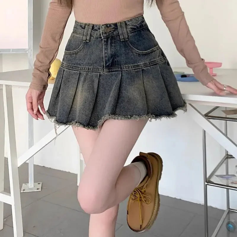 Lunivop Vintage Denim Skirt Women Pleated Sexy Short Skirts Retro Korean Fashion Aesthetics Casual A-line Streetwear Jean Skirt