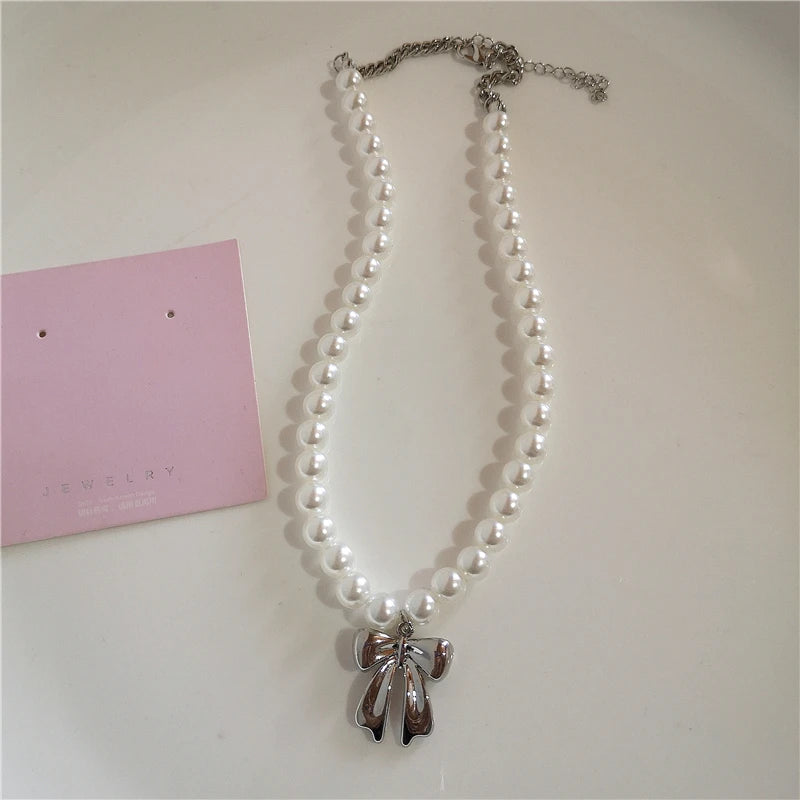 Lunivop Gothic Cute Y2K Stainless Steel Bow Heart Pink Cross Pendant Beaded Pearl Snake Chain Necklace For Egirl 2000s EMO Acssesories