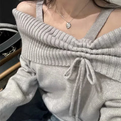 Lunivop  Deeptown Korean Style Coquette Knitwear Pullovers Women Sweet Slash Neck Long Sleeve Sweaters Autumn Winter 2000s Grey Jumper
