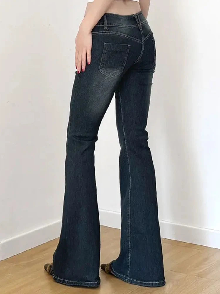 Lunivop Vintage Washed Basic Women Flared Jeans Low Waist American Style Slim Denim Pants Button-up Trousers Casual Aesthetic