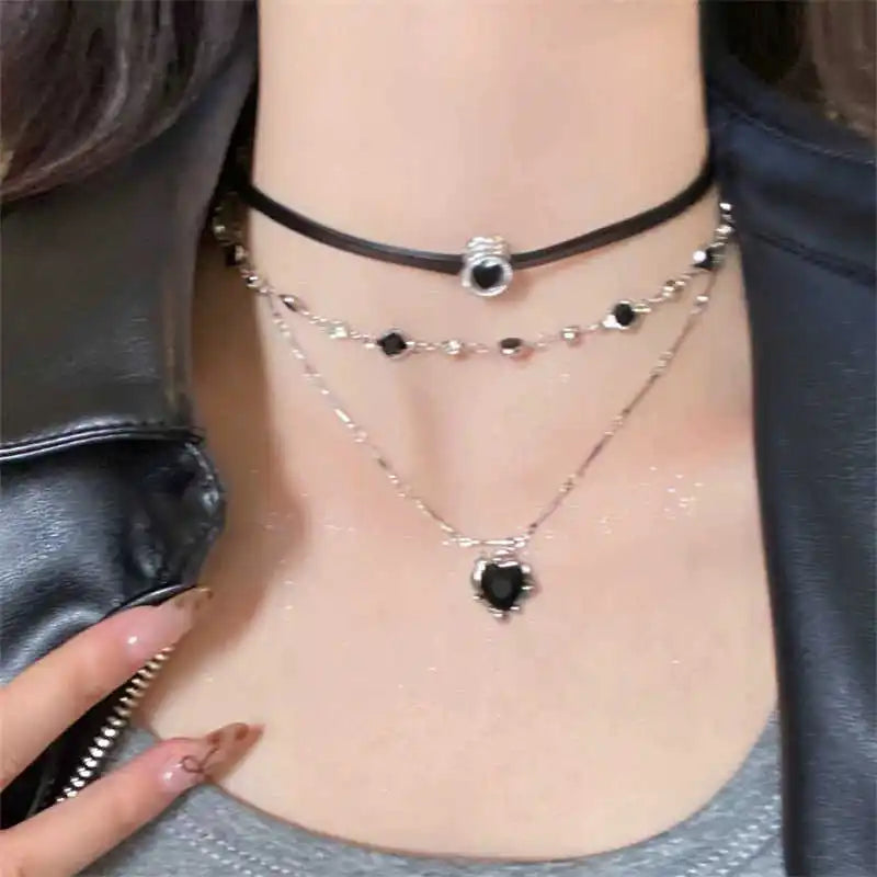 Lunivop Gothic Y2K Multi Layer Black Peach Heart Pendant Choker Clavicle Chain Necklace For Women Girls Aesthetic Jewelry Accessories