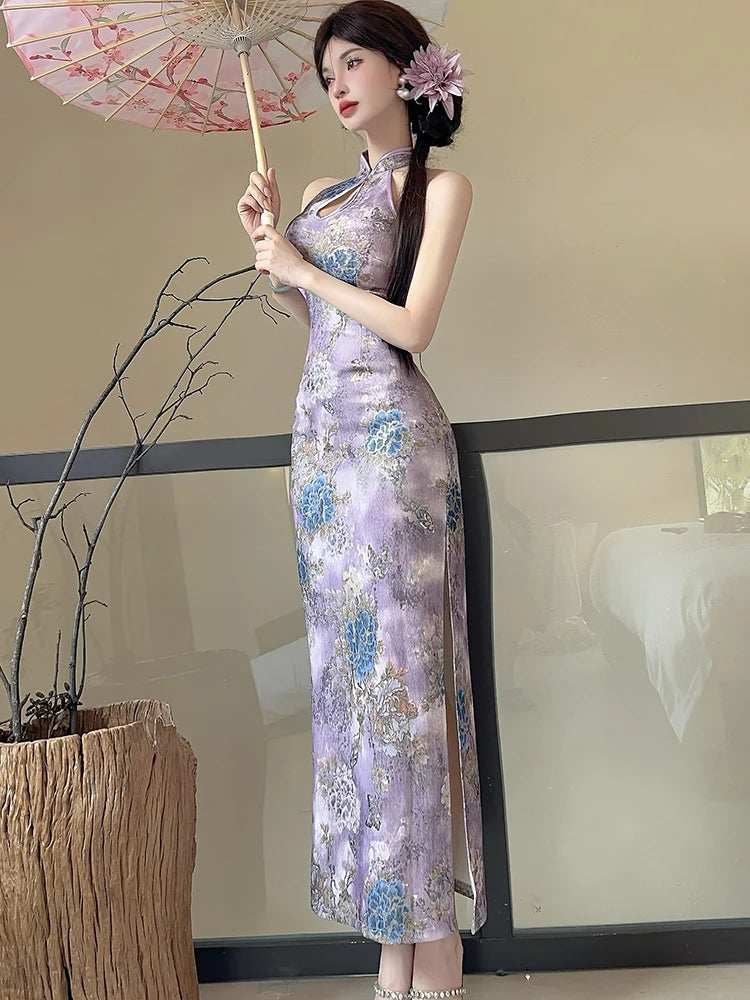 Lunivop  Summer Purple Floral Stand Collar Cheongsam Dress Women Korean Luxury Elegant Dress Gown 2025 Vintage Bodycon Party Night Dress