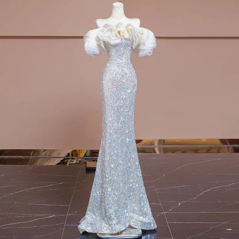 Lunivop  High End Luxury Ruffle Temperament Slash Neck Mermaid Dresses French Slim Waist Sequin Long Vestidos New Bling Evening Gown