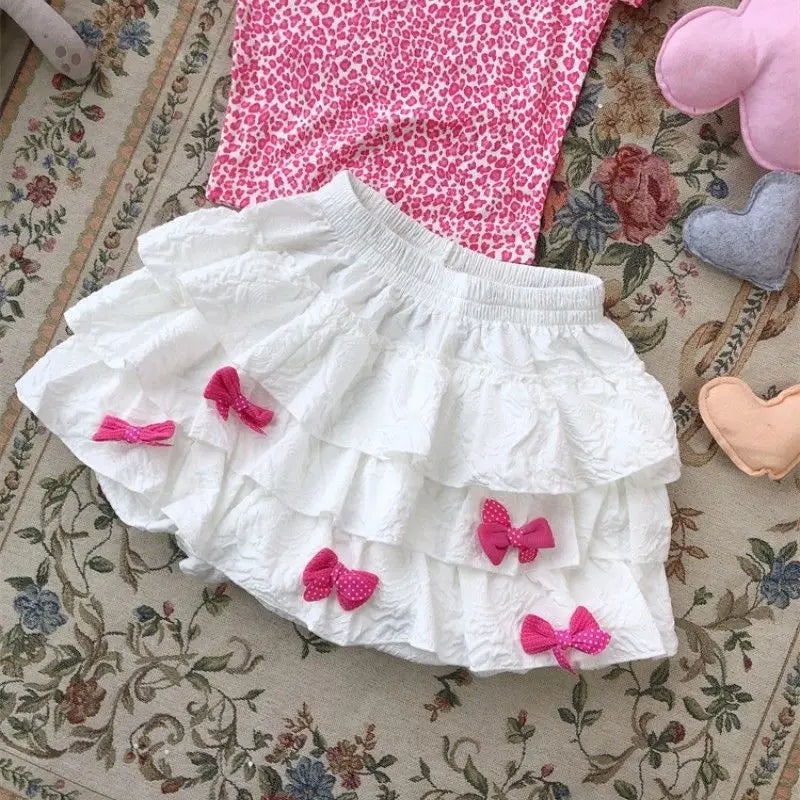 Lunivop  Summer Japanese Sweet Cute Lolita New Spliced Elasticized Bow Ruffles Fashion Solid Casual All-match Cake Fluffy Skirts