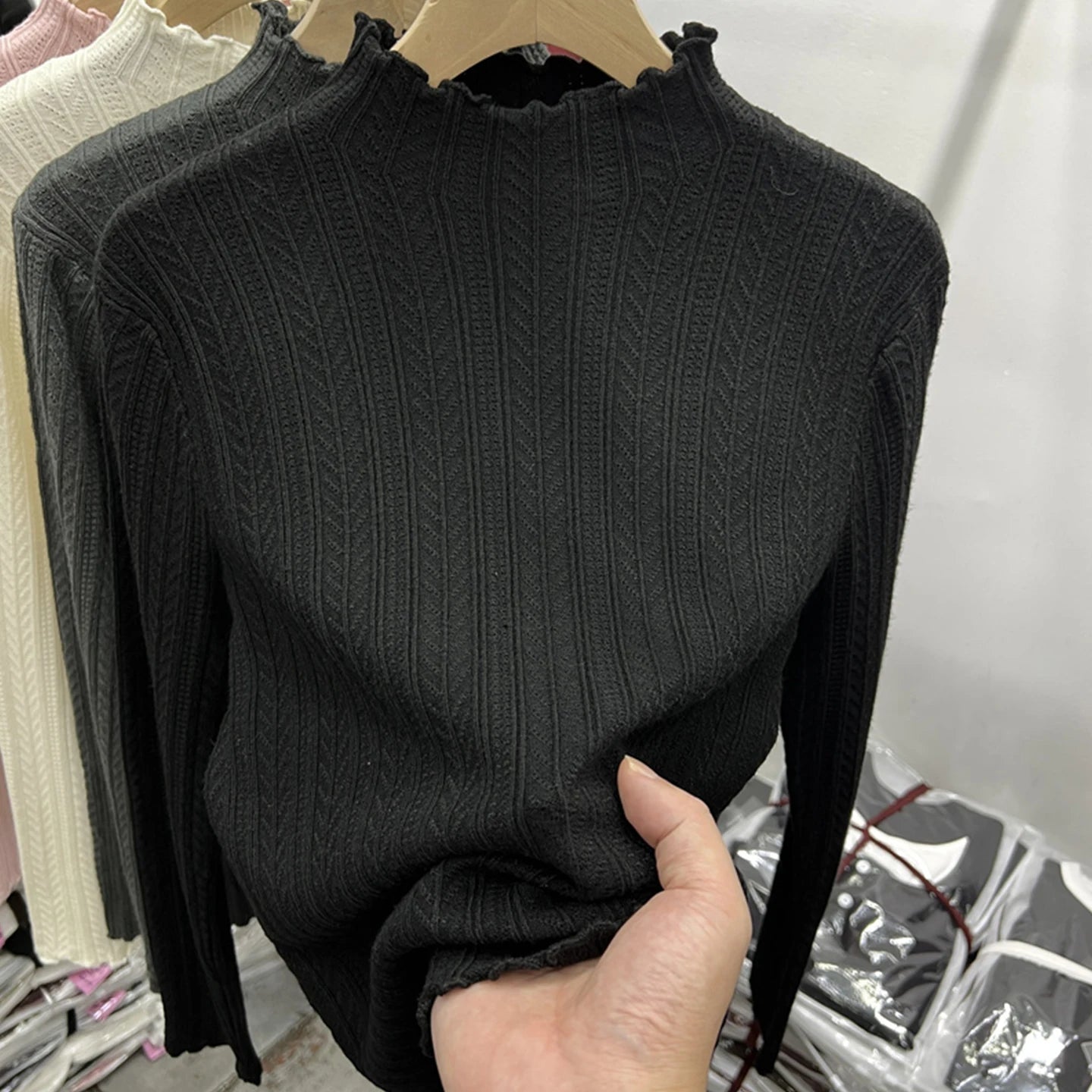 Lunivop Women Long Sleeve Knitted Top Textured Stretchy Mock Neck Fitted Sweater Pullover Jumper Fall Winter Teen-girl Basic Outfit