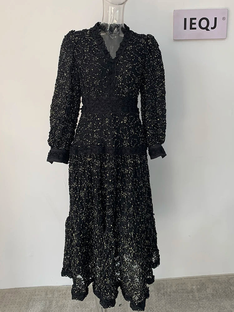 Lunivop Luxury Hollow Out Print Spliced Design Long Sleeve Dresses For Women V-neck Lace Loose Dress Spring Clothing
