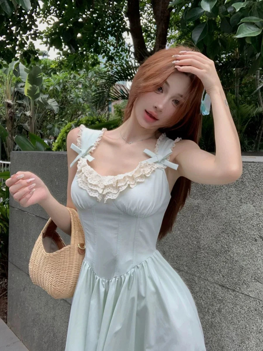 Lunivop  French Style Lace Patchwork Bow Sleeveless Sweet Dresses Backless Elegant Square Collar Party Dress Female Waist A -line New
