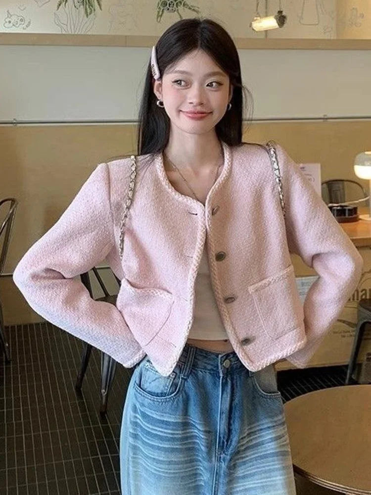 Lunivop Pink Sweet Tweed Jackets Women Vintage O Neck Cute Elegant Long Sleeve Short Coats Retro Casual Single Breasted Pockets Outwear