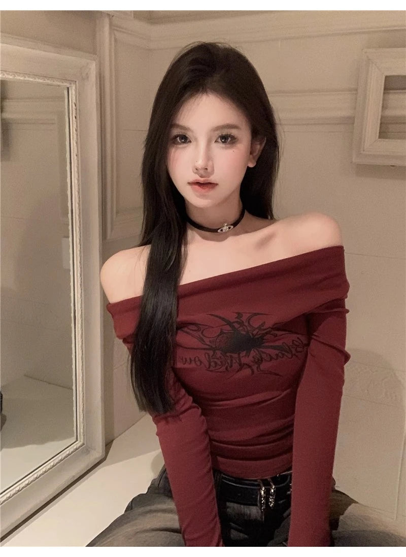 Lunivop Gothic Print Grunge T Shirt Women Long Sleeve Off Shoulder Y2k Vintage Tops Streetwear Korean Style Crop Top Autumn Winter