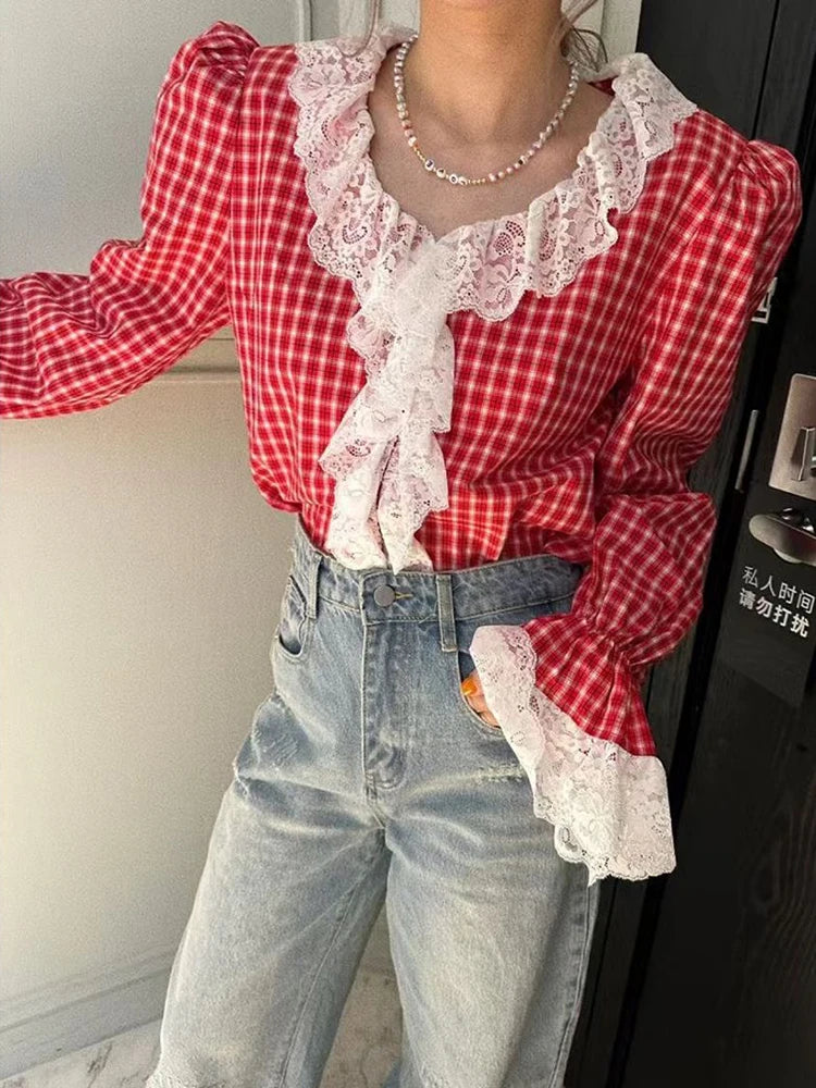 Lunivop   Vintage Ruffles Plaid Shirt Women Elegant Lace Patchwork V Neck Blouse French Sweet Long Sleeve Retro Design Casual Tops