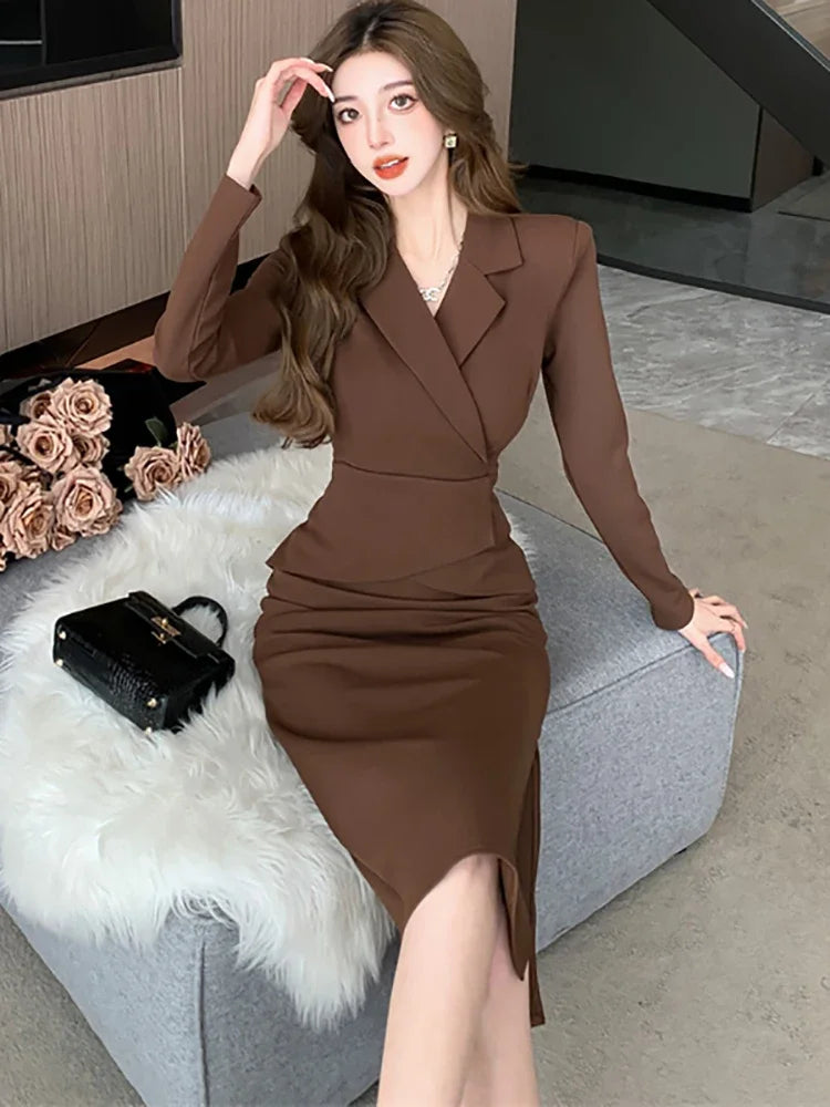 Lunivop  Black Long Sleeve Bodycon Office Lady Dress Autumn Winter Solid Patchowrk Fake Two Piece Dress Korean Elegant Women's Dress