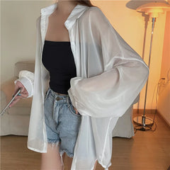 Lunivop Semi Sheer Long Sleeve Shirt for Women Shimmer Button Down Collared Plain Lightweight Shirt Spring Summer Chic Tops Outfit