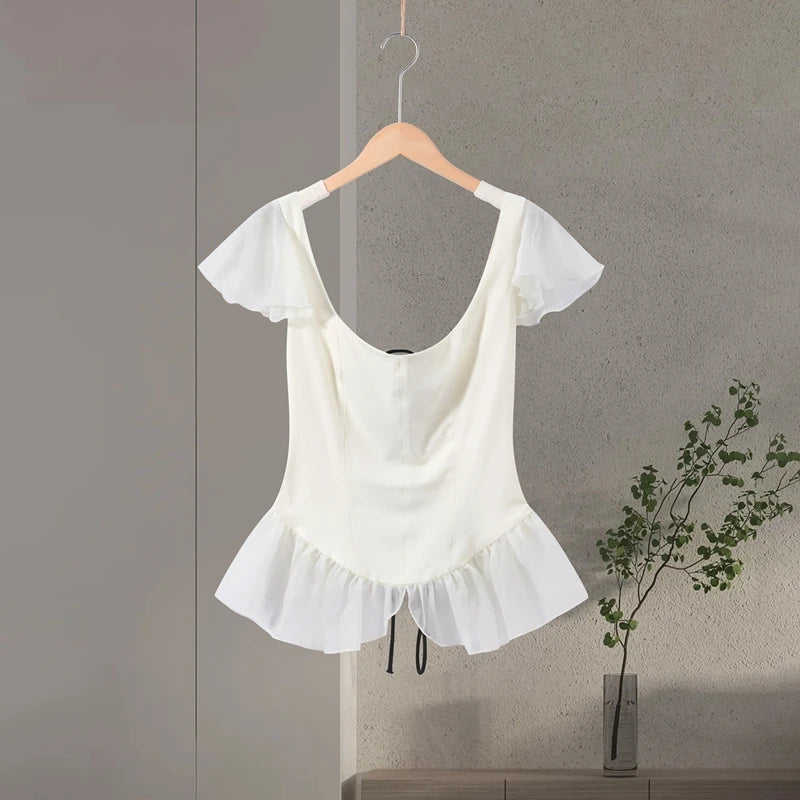 Lunivop  Contrast Ruffle Strap Camisole Top Ivory Slim Fit Sheer Chiffon Trim Summer Romantic Women Tops Fashion Sweet Lady Blouse