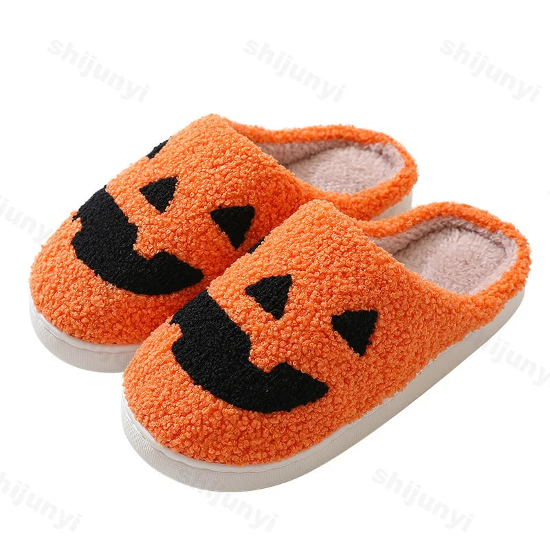 Lunivop Winter Halloween Ghost Face Pattern Cotton Slippers for Men Women Home Flats Non-slip Warm Funny Cartoon Cotton Slipper