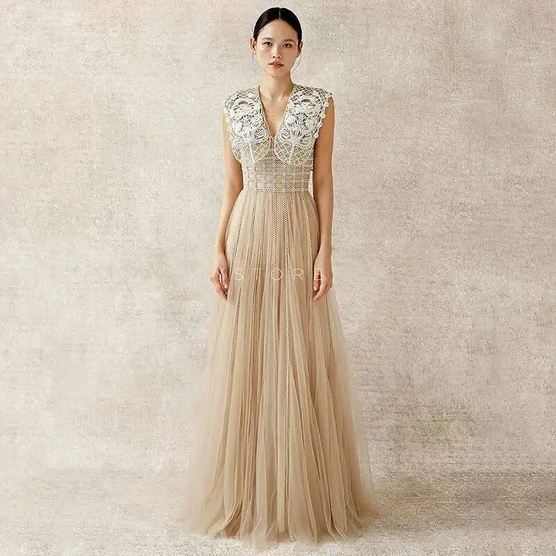Lunivop Women's Fashion Evening Dress V-neck Sleeveless Lace Hollow Out Spliced Slim Mesh Dresses All Season New Tide