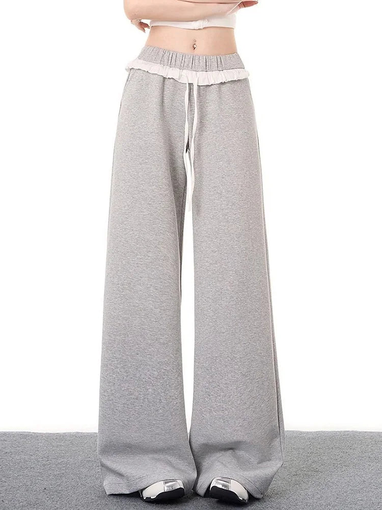 Lunivop Elegant Vintage Gray Sweatpants Women High Waist Korean Sweet Wide Leg Pant Fall Retro Loose Ruffles Pockets Lady Trousers