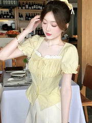 Lunivop  Sweet Yellow Striped Shirt Women Casual Vintage Square Collar Slim Blouse Korean Preppy Style Puffy Sleeve Elegant Tops New