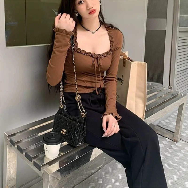 Lunivop Square Neck Pleated Sexy Tops Casual  Autumn Slim Long Sleeved T-shirt for Women's Ins Fashion Crop Top