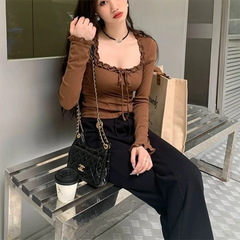 Lunivop Square Neck Pleated Sexy Tops Casual  Autumn Slim Long Sleeved T-shirt for Women's Ins Fashion Crop Top