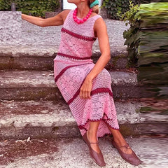 Lunivop  Casual Stripe O-neck Knit Elastic Bodycon Dress Sexy Beach Vacation Crochet Women Dresses New Slim Vestidos Patchwork Long Dress