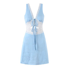 Lunivop  Fashion Light Blue Satin Spliced Lace V neck Tank Dress Women Hollow Out Slim Waist A-lined Sleeveless Short Dresses Femme Robe