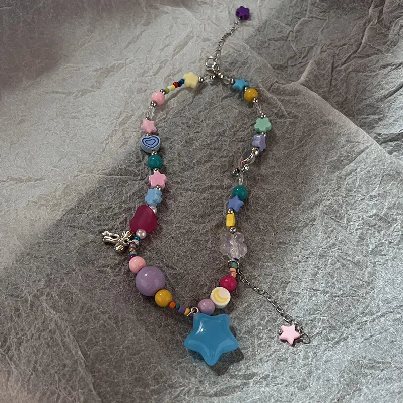 Lunivop Boho Kpop Colorful Sugar Star Tassel Pendant Choker Necklace for Women Sweet Love Heart Chain Aesthetic Y2K Jewelry Accessories