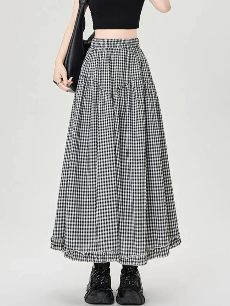 Lunivop  Vintage Plaid Long Skirts Women Loose Y2K High Waist A Line Skirts Japan Retro Casual All Match Black White Plaid Skirt New