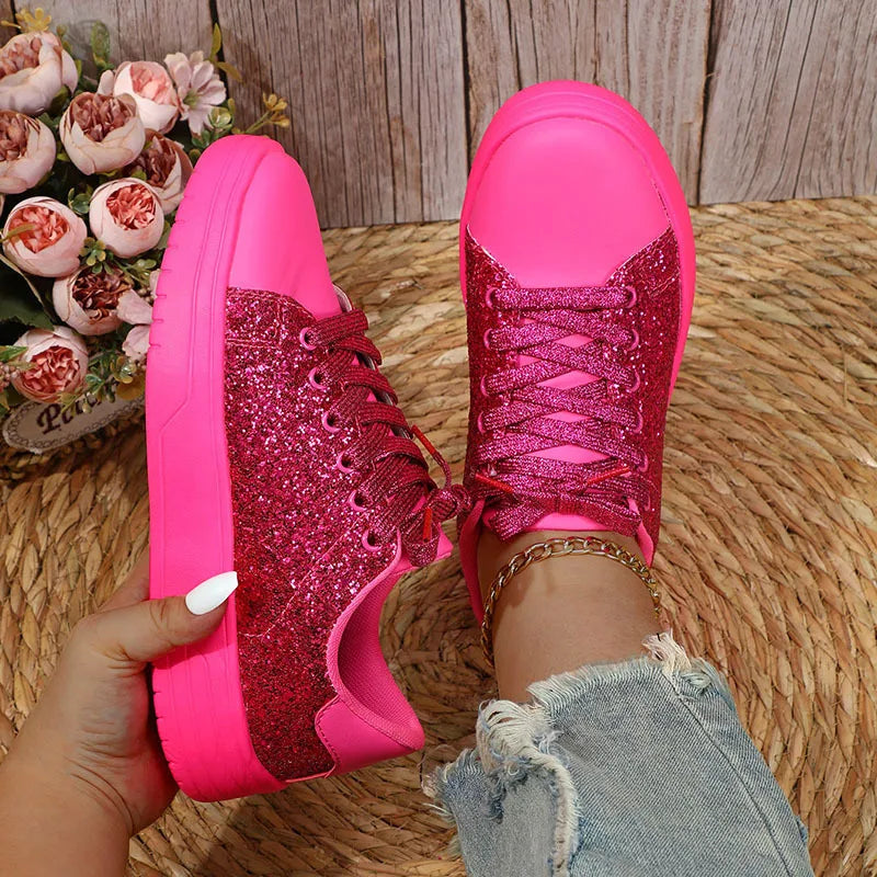 Lunivop New Women Platform Casual Sneakers Fashion Shiny Rhinestone Flat Shoes for Women Shining Crystal Sneaker Lacing Trend Shoes