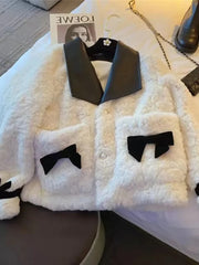 Lunivop Women Sweet Bow Faux Lamb Coat Fashion Korean Long Sleeve Winter Warm Jacket Chic Slim Patchwork Elegant Pockets Outwear