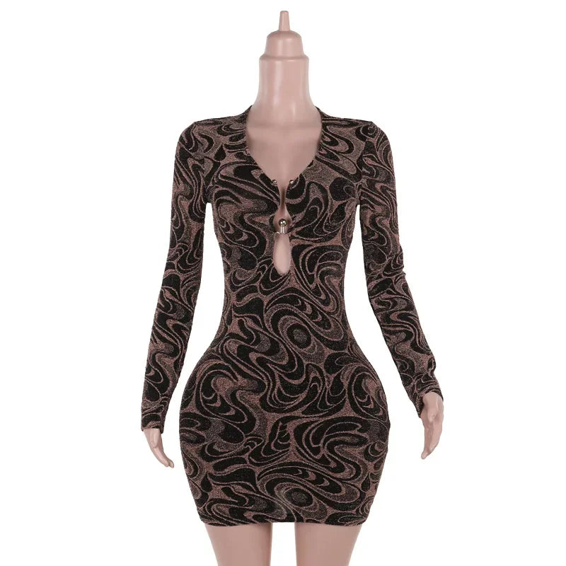 Lunivop Autumn Vintage Printed Sexy Spicy Girls Skinny Mini Dress Women Drop V Neck Hollow Out Long Sleeve Elegant Club Party Robe