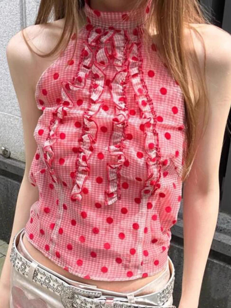 Lunivop  Sexy Cropped Slim Dot Tanks Women Vintage Sweet Halter Tanks Summer Streetwear Female Retro Sleeveless Korean Casual Tops