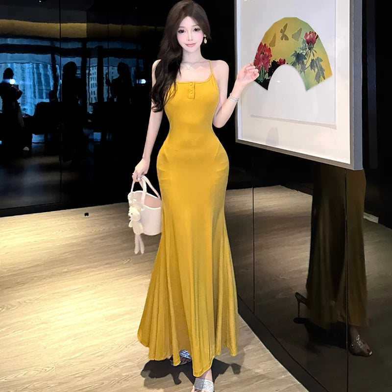 Lunivop  Summer Solid Elegant Sling Maxi Dress Women Fashion Chic Ruffled Mermaid Dress 2025 Korean Elegant Bodycon Luxury Evening Dress