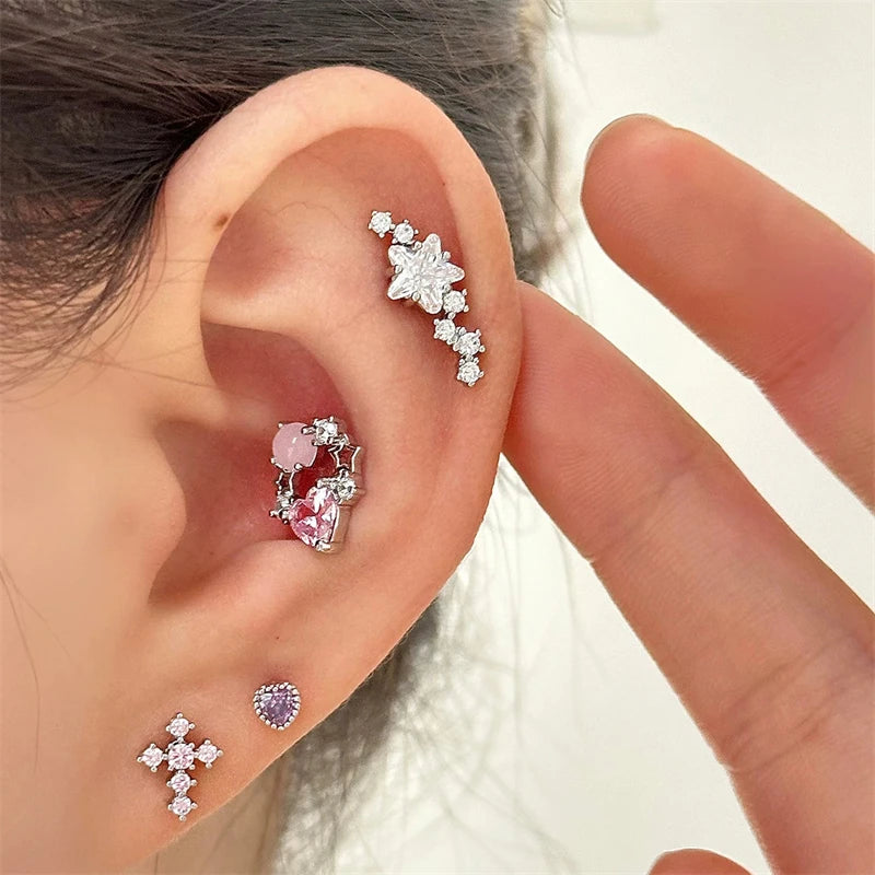 Lunivop 1pcs Quality Shiny Zircon Arc Shaped Cochlear Ear Bone Nail 316L Stainless Steel Earring for Women Waterproof Hypoallergenic