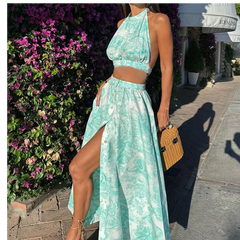 Lunivop  Women Two Piece of Print Party Tie Waist Halter Top Botton Skirt Sexy Backless Outfit 2024 Sleeveless Blouse Skirt Set