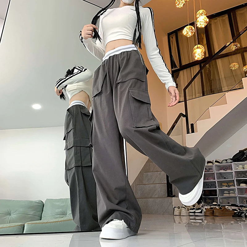 Lunivop Vintage Solid Baggy Cargo Pants For Women 2024 Autumn Casual  Women's Drawstring Wide Leg Pants Female Street Loose Long Trouser